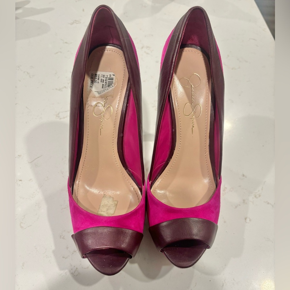 Jessica Simpson Peep-toe Platform Suede Maroon & Pink Stiletto Heels size 9 - Picture 3 of 4